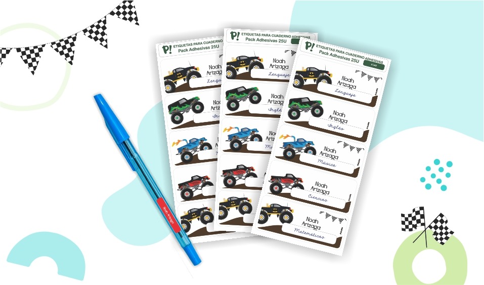 Etiquetas para cuadernos de Monster Truck para niños